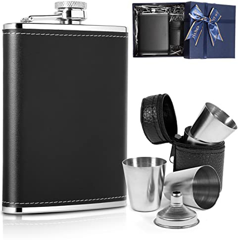 LILABIENE Flachmann mit 4 Becher Geschenk Set Schwarz 304 Edelstahl 230ml | Mit Lederbezug, Mit Geschenkbox, Mit 4 Becher, Mit Trichter, Geschenk für Männer