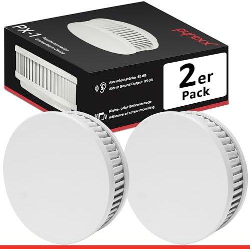 Pyrexx PX-1 Rauchwarnmelder - 2 Stück - 10 Jahre Batterie mit Magnet-Halterung ohne Bohren und LED-Blinken, Zertifiziert nach Q-Label, Weiß