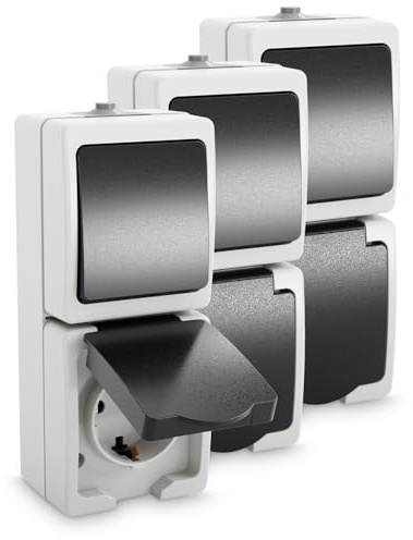 greate 3x Aufputz Schalter Steckdose Kombination mit IP54 für Feuchtraum - Steckdose Aufputz mit Wechselschalter 250V & 16A - Aufputzsteckdose mit Schalter, Steckdose Schalter Aufputz