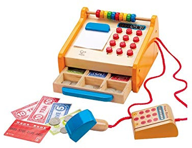 Hape Registrierkasse 37-teiliges Kassen-Set aus Holz für Kinder|mit Taschenrechner-Funktion