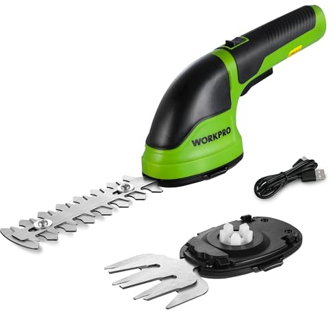 WORKPRO Gartenschere 3,6V, handliche Grasschere und Strauchschere elektrisch mit 2 Messern 2.000mAh Akku und Typ C Kabel, 2 in 1 Rasenkantenschneider Schnittbreite 7.5cm, Schnittlänge 12cm