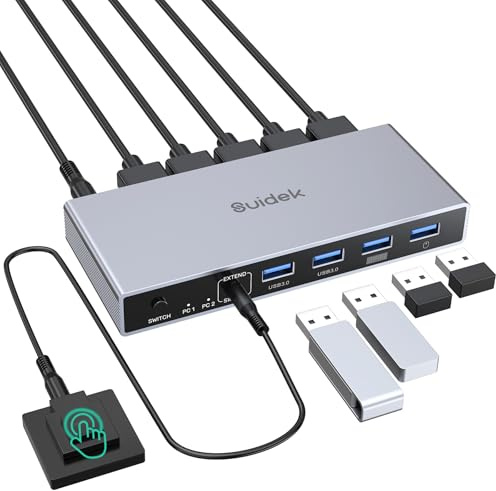 SUIDEK 4K@60Hz HDMI KVM Switch 2 in 1 out, mit 4 USB für 2 PC 1 Monitor | für 2 Computer/Laptop teilen Tastatur Maus Drucker, inklusive Desktop Controller, 2 USB Kabel und Netzadapter