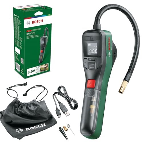 Bosch elektrische Fahrradpumpe/Luftpumpe/Mini Kompressor EasyPump (3,0 Ah Akku, 3,6 Volt, Autostop-Funktion, 150 PSI, 10,3 bar, LED, über USB-C® wiederaufladbar, im Karton)