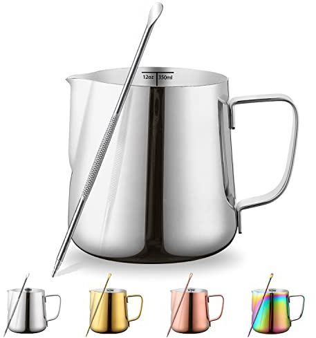 Milchaufschäumer 12oz 350ml, Kyraton Espresso-Dampfkanne aus Edelstahl mit Dekorationsstift, Milch-Kaffeeaufschäumer-Tassen Cappuccino Latte Art Barista Dampfkannen Milchkännchen (Silber)