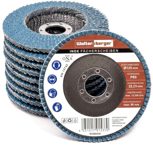Woltersberger® INOX Fächerscheiben | Ø 125mm | Korn 60 | 10 Stück | Blau für Edelstahl, Metall/Stahl, Holz | Zirkonkoround Schleifmop Lamellenscheiben