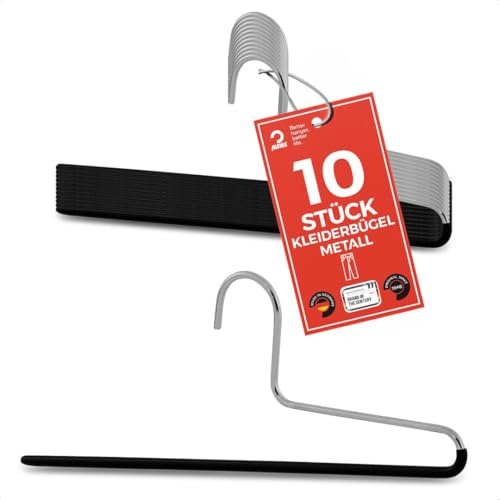 MAWA Hosenbügel, Set mit 10 platzsparenden Kleiderbügel, ideal für Jeans, Stoffhosen und Anzughosen, mit antirutschbeschichtetem Steg, 32 cm, Schwarz