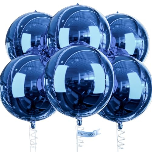 PartyWoo Luftballons Blau, 6 Stück Folienballons Marineblau, 22 Zoll Riesige 4D Rund mit Band - für Geburtstagsdeko, Hochzeitsdeko, Partydeko