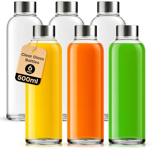 volila Trinkflasche aus Glas – 6er-Pack auslaufsichere Trinkflaschen für Saft, Milch und Smoothies – wiederverwendbare Glasflasche mit luftdichten Metallkappen, Bürste und weißen Etiketten (500ml)