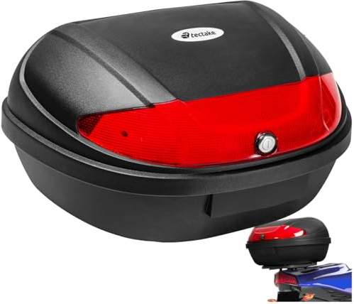 tectake® Motorradkoffer, Gepäckträger, Topcase abschließbar für 2X Helm Motorrad, Mofa Helm, Moped Helm, passend für Roller, Moped, e Roller, Transport Box mit Schloss, Heckbox - 48 Liter Volumen