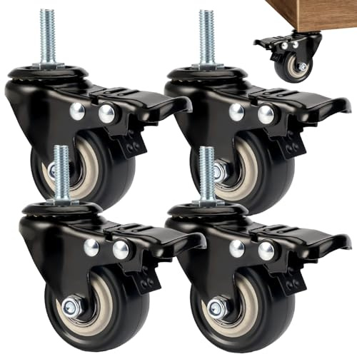 TESSTSY 4 Stück Rollen mit Bremse M8×25mm, Schwerlastrollen 50mm, Lenkrollen für Möbel, Möbelrollen Gewinde M8, Gummi Lenkrollen, Keine Spuren & Leise, für Geräte und Möbel, Tragkraft 210kg