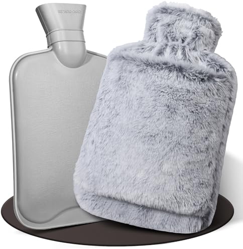 HAOCEE Wärmflasche mit Bezug, 2L Wärmeflasche Groß Flauschig,Wärmflaschen mit Känguru-Tasche,Auslaufsicher und Getestet, Bettflasche lange warm, Hot Water Bottle (Grau)