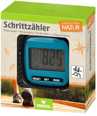 moses. Expedition Natur Schrittzähler, inkl. Distanzmessung und Kalorienverbrauchsanzeige, mit Gürtelclip, Aktivitätstracker zum Spazierengehen