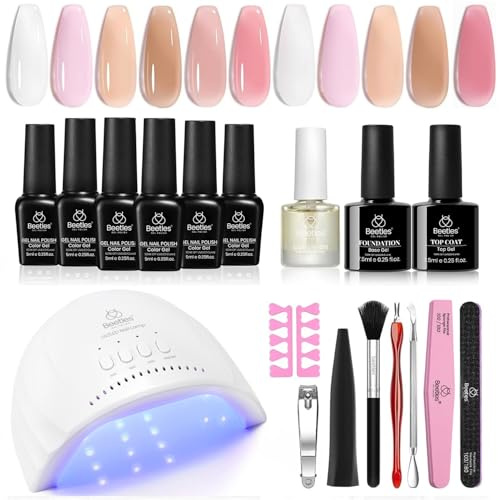 Beetles Gel Nagellack Set mit UV Lampe 48W,6 Farben Jelly Milky White Sheer Rosa Nude Nail Polish Starter Kit Maniküre Soak Off UV gellack Set Salon DIY Geschenke für Mädchen