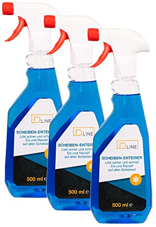 D.LINE Scheibenenteiser, 3x 0,5 Liter Flasche | Sekundenschnelles Enteisen, Ohne Kratzen, Klare Sicht