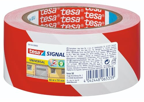 tesa Signal Markierungsklebeband UNIVERSAL - selbstklebendes Warnband zur permanenten Markierung und Kennzeichnung von Gefahrenzonen - aus robustem PP - 66 m x 50 mm - Rot/Weiß