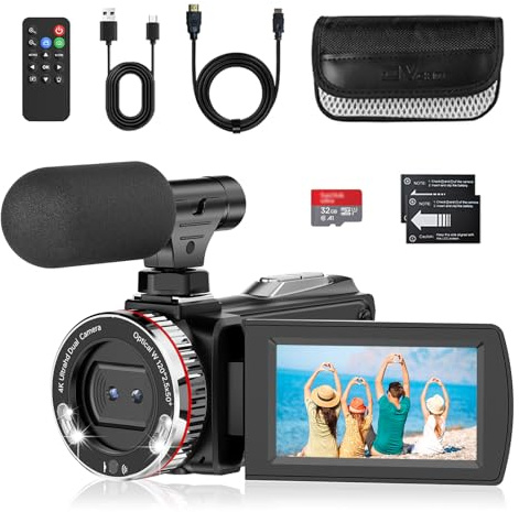 Videokamera 4K 60FPS Camcorder, 48MP 21X Digitalzoom Vlogging Kamera für YouTube, 3.0'' 270°Drehbarer Screen Vlog Camera, Video Kamera mit Externem Mikrofon, Fernbedienung, 64 GB Karte, 2 Batterien