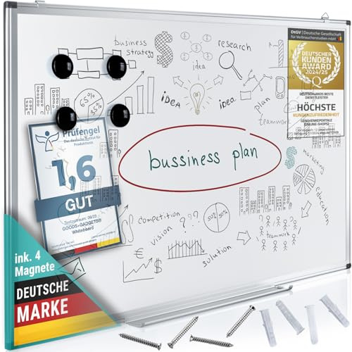 White-Board Magnettafel 90 x 59 cm, Schreibtafel Magnetisch & Abwischbar mit Stiftablage & 4 Memoboard Magnete; Must-Have Tafel für Schule, Büro & Zuhause