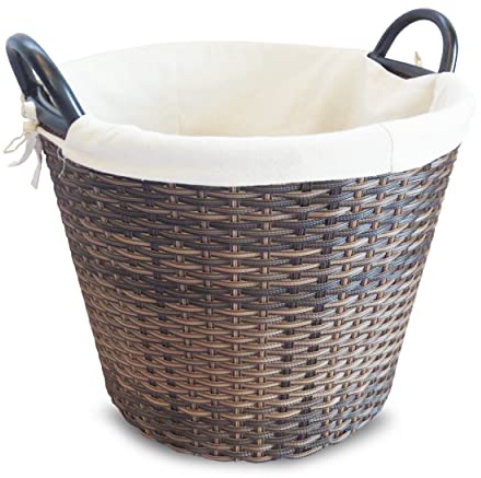 HABAU Feuerholzkorb mit waschbarem Stoffeinsatz, Holzkorb aus extrem robustem Polyethylen mit Metallrahmen - Korb mit 48 cm Durchmesser (Braun, Mittel)