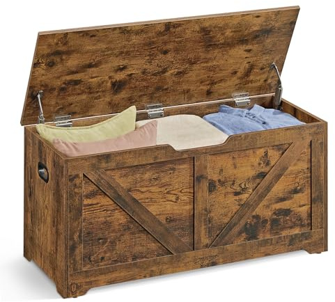 VASAGLE Schuhbank, Sitzbank mit Stauraum, Sitztruhe, 2 Sicherheitsscharniere, Aufbewahrungsschrank, Scheunenstil, 40 x 100 x 46 cm, für Flur, Schlafzimmer, Wohnzimmer, vintagebraun LSB060T01