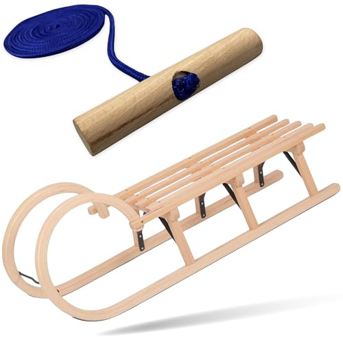 Explorer Colint Holzschlitten mit Rückenlehne für Kinder ab 1 Jahr und Erwachsene Set Schlitten Holz Hörnerschlitten mit 150cm Leine in Blau 110cm Alpina Fun