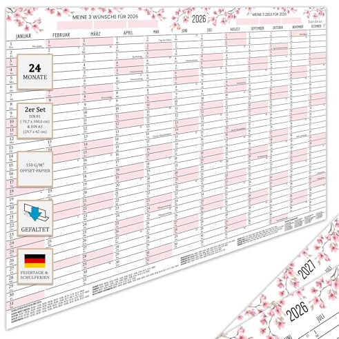 Wandkalender 2026 2027 B1 groß, Jahreskalender quer gefaltet Kalender | 2 Jahre XXL Jahresplaner (70,7 × 100 cm) + Gratis DIN A3 | Poster Wand-Planer mit Feiertagen DE