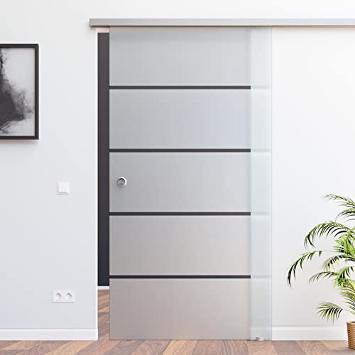 SlimLine SoftStop Glasschiebetür [Komplett-Set] Glasmaß: 900 x 2050 mm, 8 mm ESG (Einscheibensicherheitsglas), Dekor P1: matt + klare Streifen, Griffmuschel BP1-900-AS
