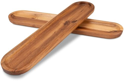 Decorasian 2 Stück Tablett aus Holz lang – Schale aus Akazienholz, Servierbrett 37x 8x2cm, schmale Servierplatte für Antipasti, Tapas und Sushi - Naturholz Teller für Küche & Wohnen