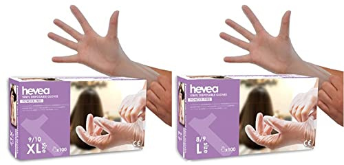 Hevea - Einweghandschuhe aus Vinyl. Puder- und latefrei. 1 Karton mit 100 Handschuhen. XL (extragroß) & Einweghandschuhe aus Vinyl. Puder- und latefrei. 1 Karton mit 100 Handschuhen. L (groß)