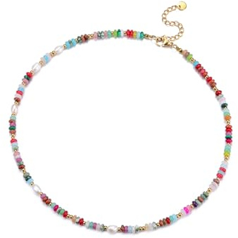 CrystalTears Bunte Perlenkette Damen 4mm Beads Edelsteine verstellbare Halskette Vintage Boho Strand Halsschmuck spirituelle Geschenke