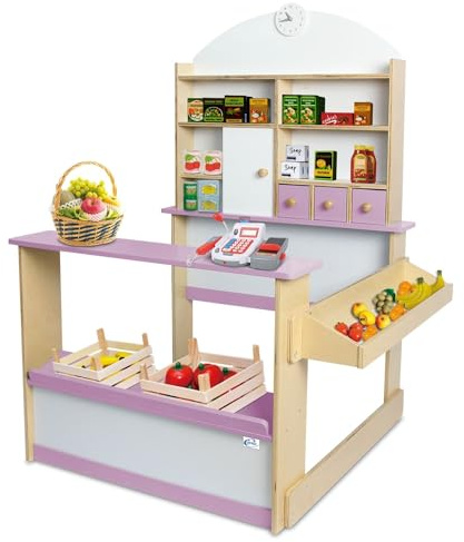 Coemo Kaufmannsladen Kinder Kaufladen Lilly Holz Verkaufsstand, Farbe Rosa | Kaufmannsladen Lilly aus Schichtholz Kiefer und MDF-Platten hat eine gute Verarbeitung und eine hohe Standfestigkeit