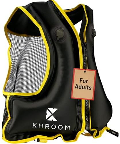 Khroom aufblasbare Schwimmhilfe Schwimmweste Erwachsene | 150-210 cm Körpergröße, bis 100 kg | Auftriebsweste Schnorchelweste ab Jugendliche | Schnorcheln, Kajakfahren und SUP (V2 Schwarz)