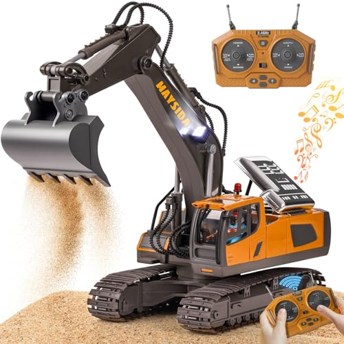 maysida Ferngesteuerter Bagger Spielzeug mit Licht & Sound für Jungen 3-12 Jahre, 2,4 GHz RC Bagger mit Metallschaufel & 680°Drehung für Kinder, Jungen Geschenk für Geburtstag/Weihnachten