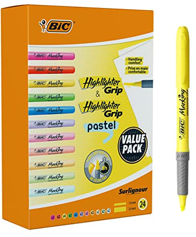 BIC Highlighter, Textmarker, 24er Pack, in verschiedenen Farben inkl. Pastell, mit Keilspitze, Strichstärke: 1.6 bis 3.4 mm, mit Austrocknungsschutz