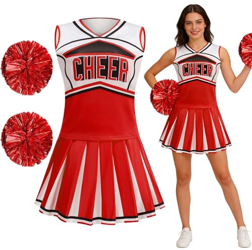 maxToonrain Cheerleader-Kostüm für Damen, Halloween, mit Zugring, Pompons, Highschool-Mädchen-Outfit, Tops und Rock, 2-teiliges Cheerleading-Kostüm-Set