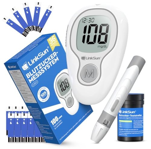 LinkSun Blutzuckermessgerät Set mit Teststreifen 100, mg/dL, G-425-3 | Zuckermessgerät mit Blutzuckerteststreifen & Lanzetten 100, Stechhilfe, Kontrolllösung & Tasche, 500 Speicher, mmol/L& mg/dL