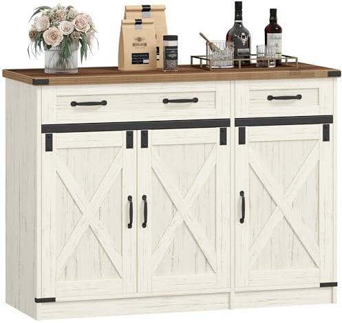 Hzuaneri Küchenschrank, Buffetschrank mit 2 Schublade, Sideboard mit 3 Türen, Verstellbare Einlegeböden, Landhausstil, Küche, Wohnzimmer, 40 x 108 x 80 cm, Vintageweiß-honigbraun, SC85814X