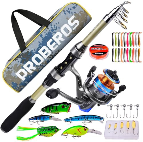icyant Teleskop Angelruten und Rollen Kombi Set, Angelruten-Set mit Angelschnur/Angelköder-Zubehör/Tragetasche, Angel-Spinnruten Rollen-Kombi-Set für Salzwasser-Süßwasser