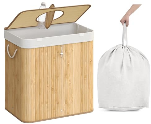 SONGMICS Pfandflaschen-Sammelbehälter, 120 L, Bambus, mit Deckel | Flaschensammler Leergut, mit Loch, Innensack mit Griffen, Küche, naturbeige, RONEX Kollektion RRB012Y01