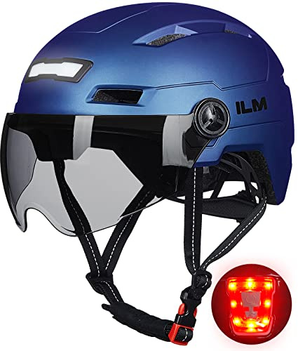 ILM Fahrradhelm Damen Herren mit Visier und LED-Licht E3-10L | Unisex, ASTM/CPSC/EN1078, abnehmbares getöntes Visier, USB-LED-Licht, 10 Belüftungen