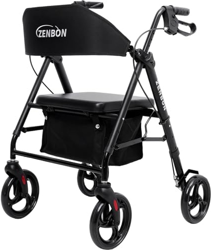 Rollator Faltbar und Leicht mit Sitz: Aluminium Rollatoren für Senioren - Rollator Klappbar für die Wohnung mit 20cm Reifen für All Gelände - Reiserollator 6-fach höhenverstellbar (Schwarz)