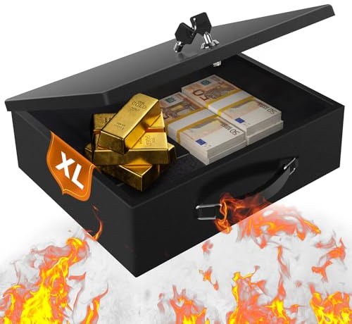Feuerfeste Dokumentenbox, tresor feuerfest mit Schlüsselschloss und Griff, feuerfeste geldkassette für persönliche Gegenstände, Reisepass, Bargeld, Tablet, außen, 33,5x28x10,5cm