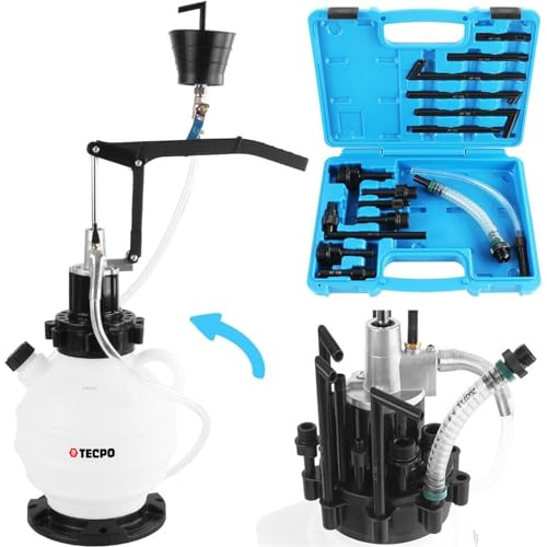 TECPO Getriebeöl-Einfüllgerät, Öleinfüllgerät, Befüllsystem 7.5 L, 15 Adapter, für Getriebe, Differentiale & Verteilergetriebe - Rücklauf-Funktion, 160 cm Schlauch, passend für alle gängigen Fahrzeuge