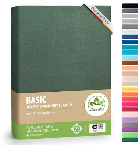 leevitex® Spannbettlaken 180x200cm - 200x200cm | Spannbetttuch Bettlaken | 100% Jersey Baumwolle | Matratzenhöhe bis 25 cm | Ökotex | Dunkelgrün