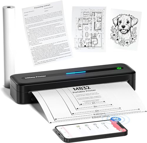 PokeLabel Mobiler Drucker A4 für Unterwegs, Tragbarer Drucker Thermodrucker A4 Wireless Bluetooth Inkless Handy Printer, 300dpi Portable Kompakt Reisedrucker für Android/iOS/Win/Mac Laptop