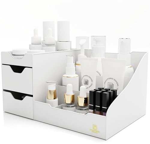 UNCLUTTERED DESIGNS Großer Weißer Schminktisch-Organizer - Kosmetik Aufbewahrung, Schönheit, Haare, Nägel, Parfüm & Hautpflege - Perfekt Bad & Schlafzimmer Schreibtisch Organizer Schubladen