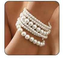FloralGrace 6-teiliges Perlenarmband-Set, weiße Perlenarmbänder für Frauen, handgefertigte runde Perlen-Stretch-Armbänder