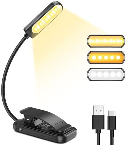 Leselampe Buch Klemme, GARITE 10 LED Buchlampe mit Stufenloser Dimmung, 3 Farbmodi (Warm/Kühl/Weiß), USB Wiederaufladbare Klemmlampe, 360° Faltbare Leselampe für Nachtlesen, Buch, Bett, Büro, Reisen