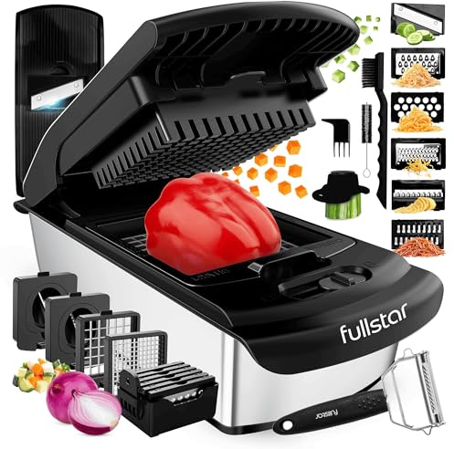 Fullstar Pro Core - Gemüseschneider & Mandoline Gemüsehobel - 14 Klingen | Zwiebelschneider, Julienneschneider, Käsereibe - für Gemüse Obst Kartoffeln - Meal Prep Küchen Gadgets (14-in-1, Edelstahl)