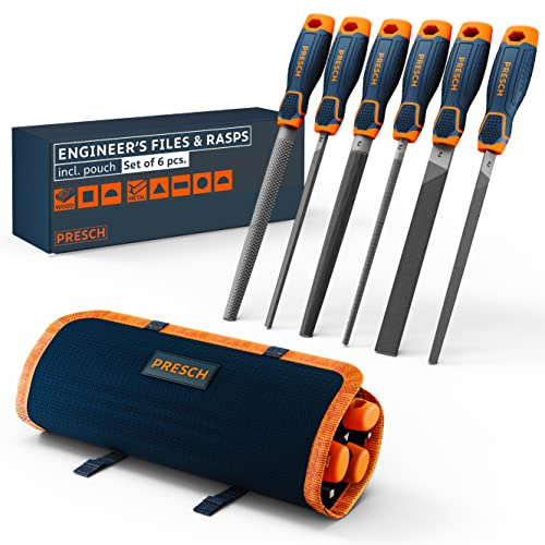 Presch Feilenset Metall und Holz 6tlg. inkl Rolltasche - Hochwertiges Profi Feilen Set mit Hieb 2 inkl. Halbrundraspel, Flachstumpffeile, Halbrundfeile, Rundfeile, Dreikantfeile und Vierkantfeile