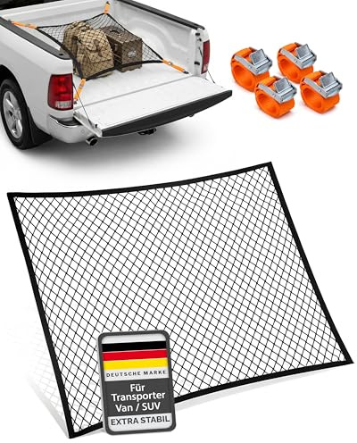 Vicera Gepäcknetz Kofferraum Netz 120x100 cm mit 4 Spanngurten • Kofferraumnetz fürs große SUVs, Transporter, Busse, Vans • Gepäcknetz Auto Ladungssicherung mit Zurrgurten für den Kofferraum